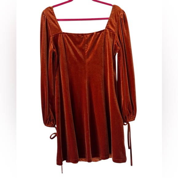 Rihoas Rust Velvet Velour Tie Sleeve Holiday Mini Dress - Picture 3 of 9